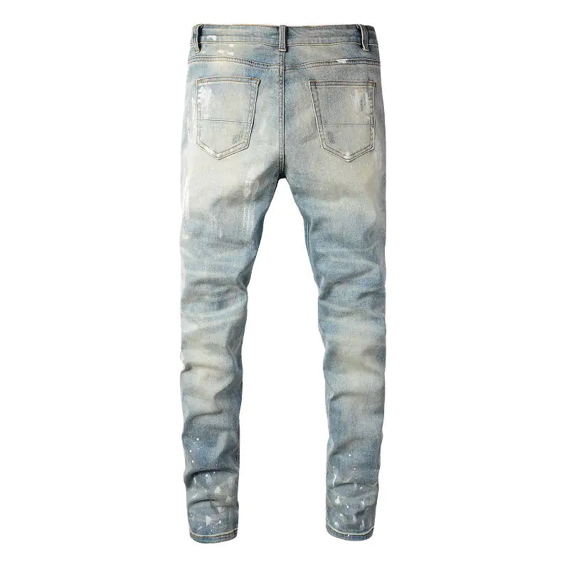 Crystal Holes Ripped Patchwork Jeans for Men