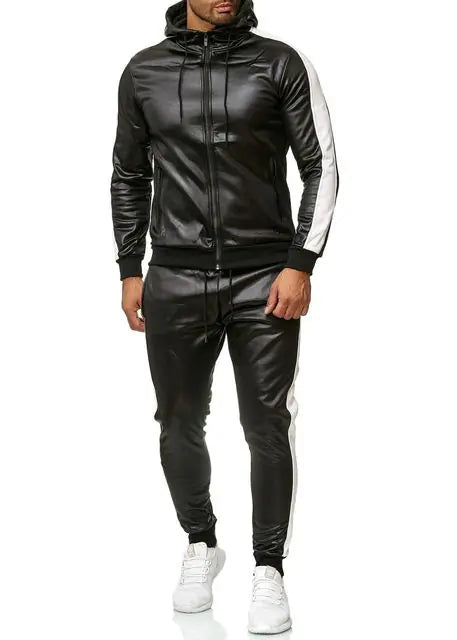 Leather Sweat Suit Hooded Jacket Pants Set