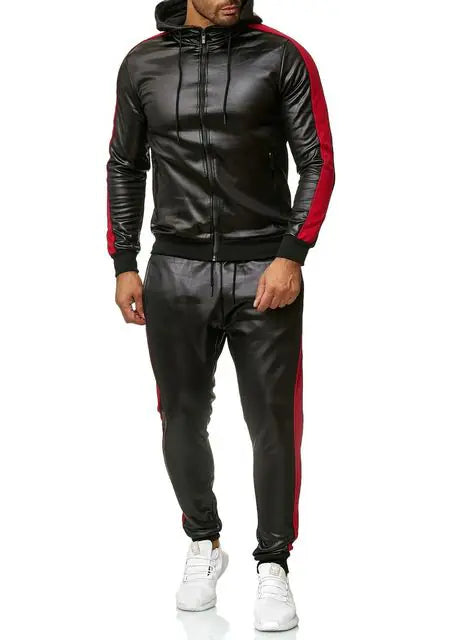 Leather Sweat Suit Hooded Jacket Pants Set