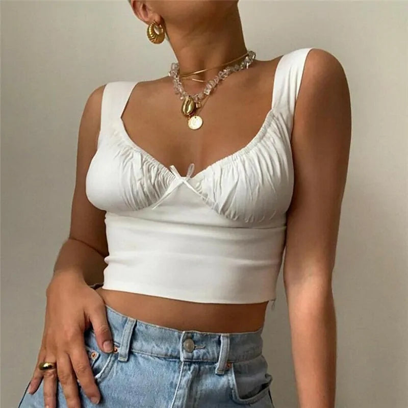 Summer Milkmaid Crop Tops for Women - White Ruched Bow Camis