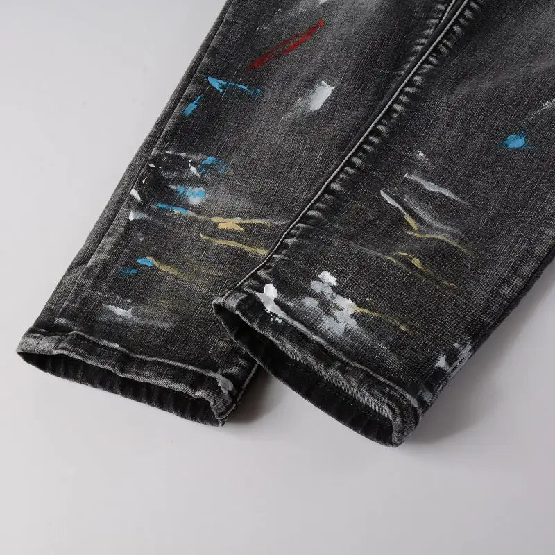 Men Speckle Ink Printed Vintage Pleated Ripped Jeans