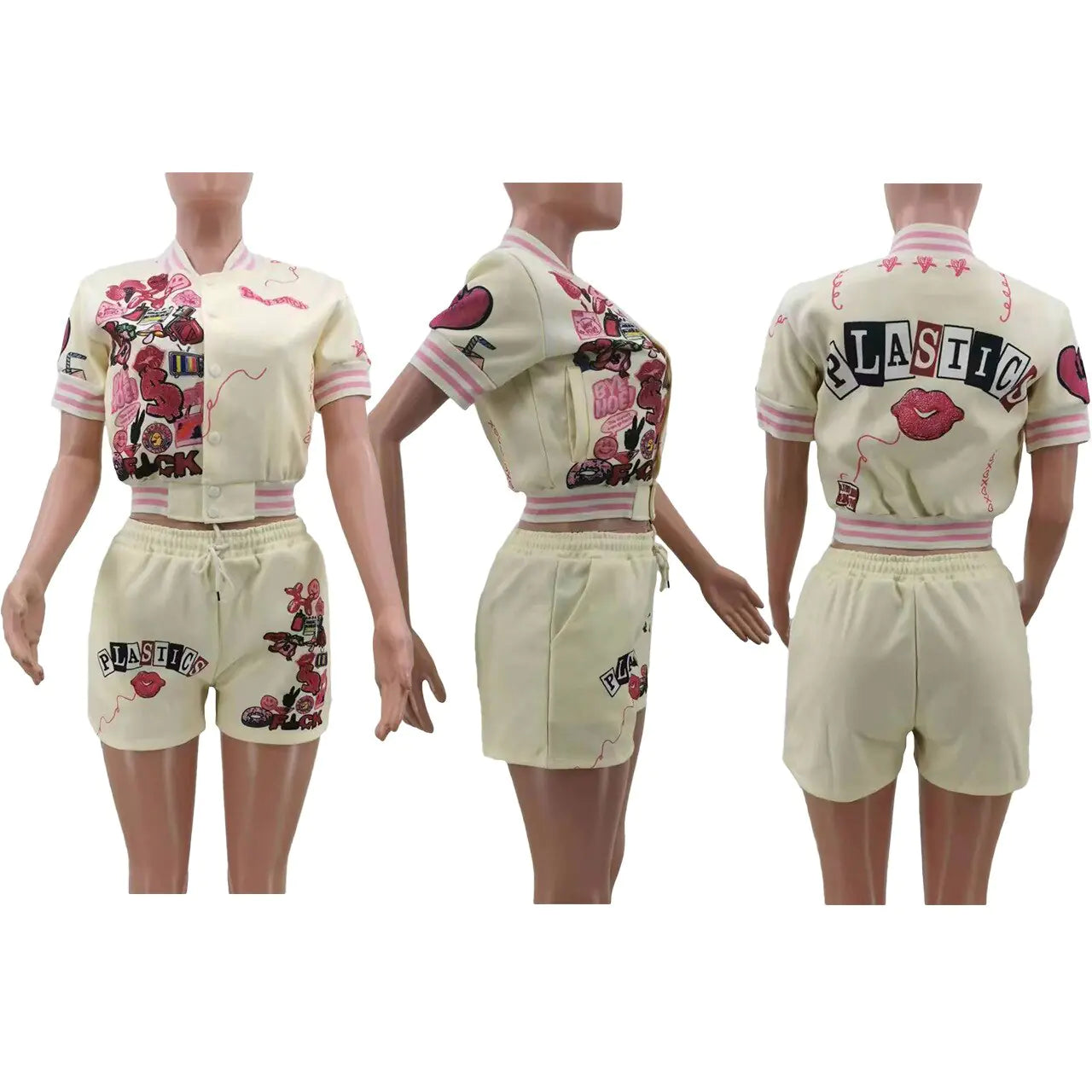 Designer Women's Letter Print Baseball Jacket & Sports Shorts Set