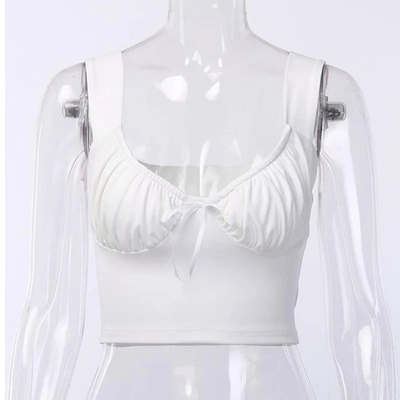 Summer Milkmaid Crop Tops for Women - White Ruched Bow Camis