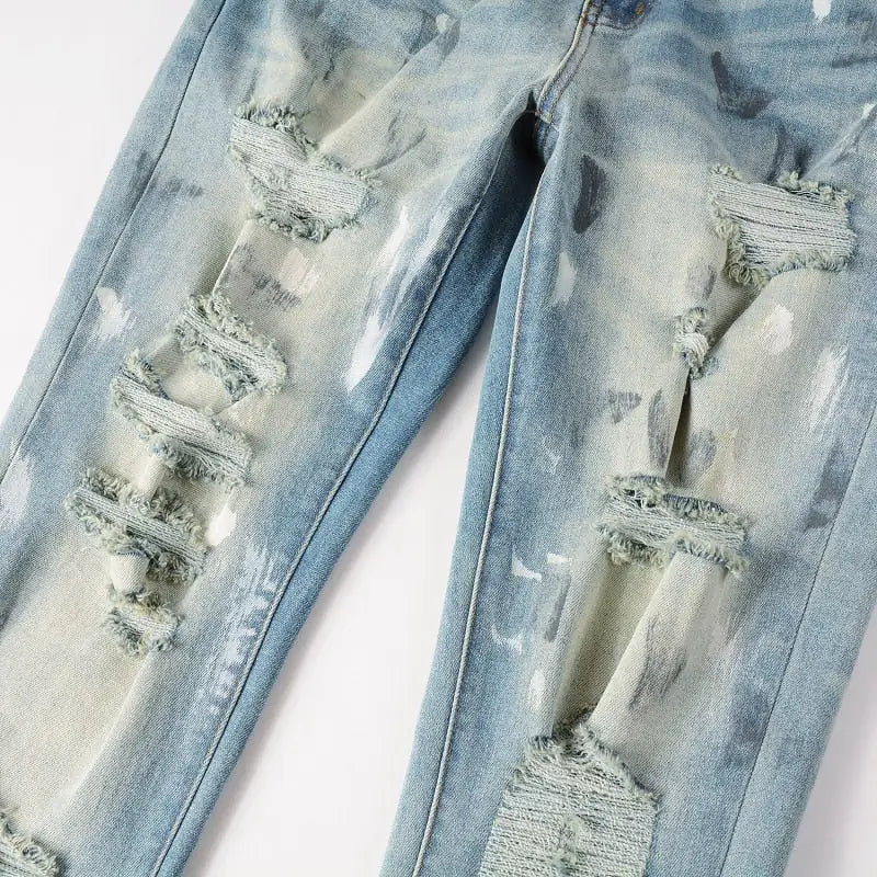 Crystal Holes Ripped Patchwork Jeans for Men