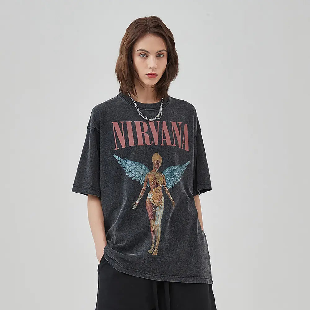 Nirvana  Vintage Angel Print Grunge Oversized Tshirts Unisex