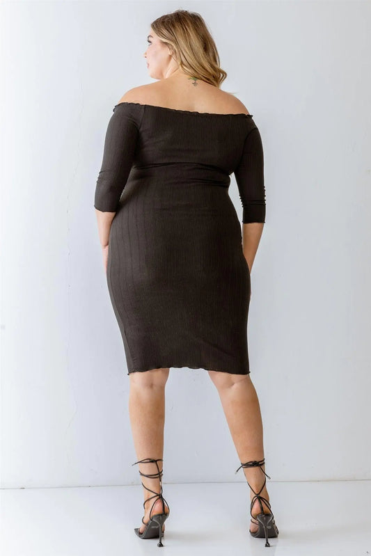 Plus Size Black Ribbed Off-The-Shoulder Midi Dress