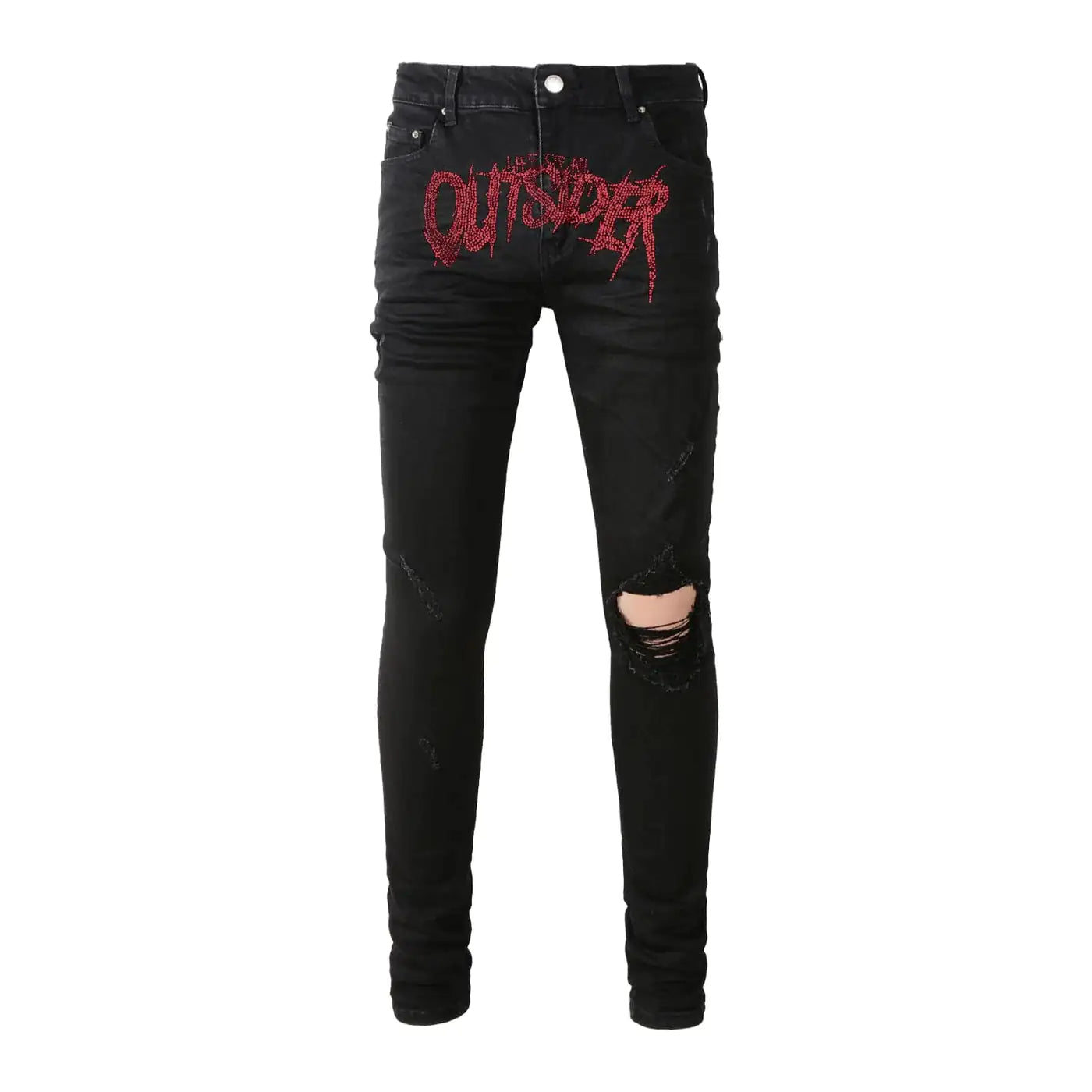 Life of an Outsider Print Tattered Skinny Jeans