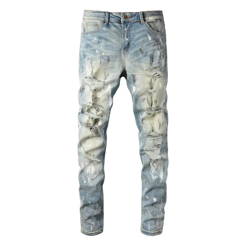 Crystal Holes Ripped Patchwork Jeans for Men