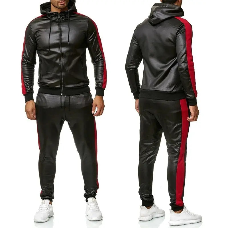 Leather Sweat Suit Hooded Jacket Pants Set