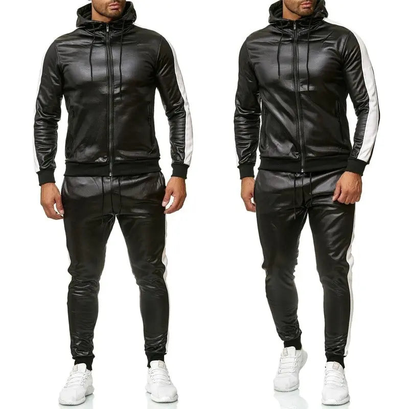 Leather Sweat Suit Hooded Jacket Pants Set