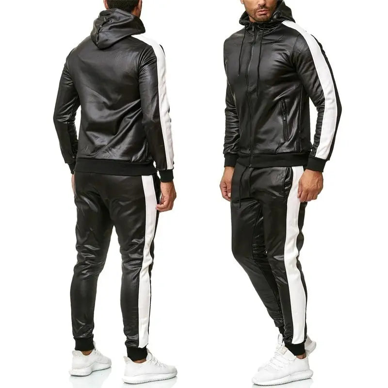 Leather Sweat Suit Hooded Jacket Pants Set