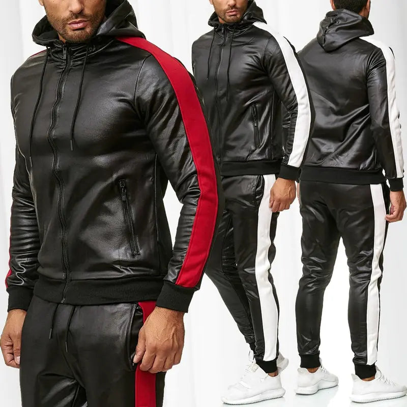 Leather Sweat Suit Hooded Jacket Pants Set