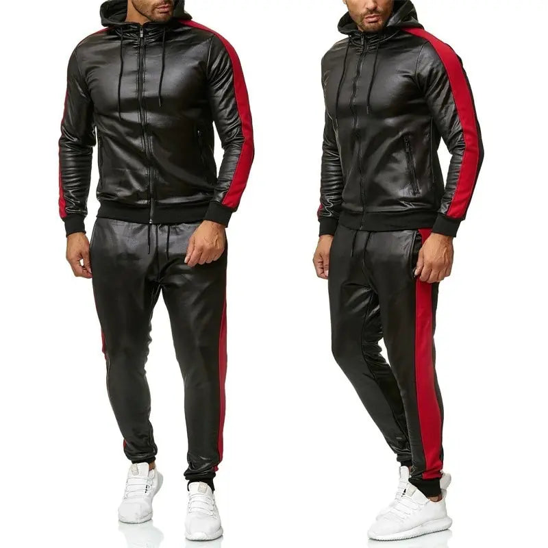 Leather Sweat Suit Hooded Jacket Pants Set